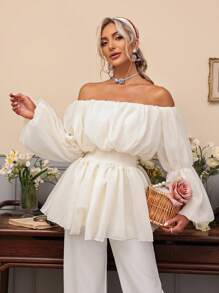 GENKIRA Của phụ nữ Màu thuần Off-shoulder Tay áo lồng đèn Áo sơ mi - Màu be - Xem 5