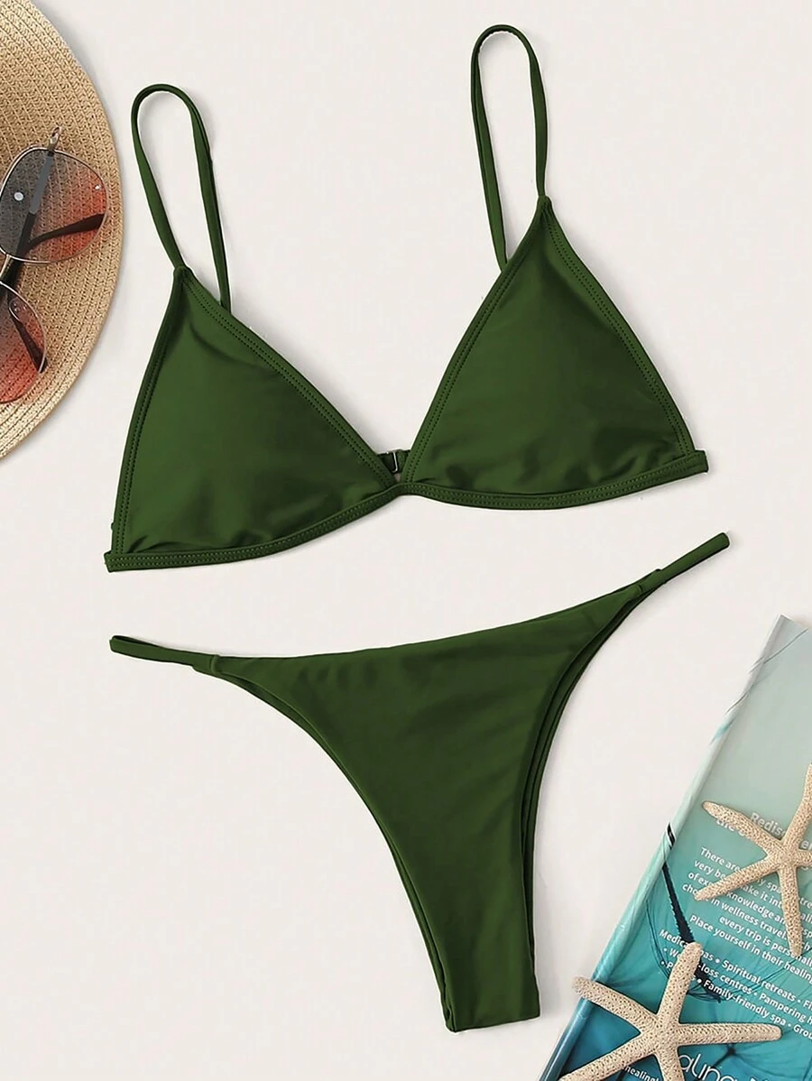 SHEIN Swim 實心低腰三角杯分體比基尼套裝，夏季沙灘泳裝 - 綠色 - 查看 1