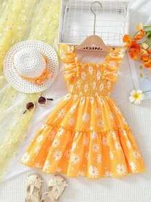 SHEIN Young Girls' Floral Print Ruffle Hem Dress With Matching Hat - Yellow - View 2
