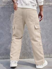 Manfinity Homme Calça Denim Cargo Masculina com Bolso Lateral com Aba