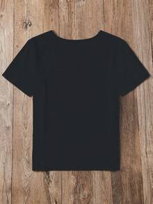 SHEIN LUNE 女士圓領短袖花卉印花t恤 - 黑色 - 查看 2