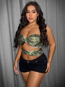 Allurite Plus Size Women's Stylish Ink Print Bandeau Top - Green - View 3