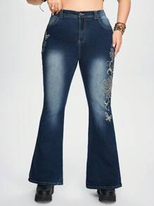 ROMWE Fairycore Quần Jeans Ống Loe Bó Sát Thêu Bướm Và Đá Rhinestone Y2k Cỡ Lớn Cho Nữ - Màu xanh lam - Xem 3