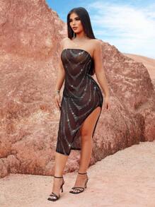 SHEIN SXY Women's Black And Silver Sequins Mesh Tube Top Side Slit Dress,Summer 70s Retro Party Rave Music Festival Boho Laser Zigzag Hollow Tight Mid-Length - Black - View 5