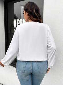 Celure 大码纯色蕾丝拼布长袖衬衫 - 白色 - 查看 2