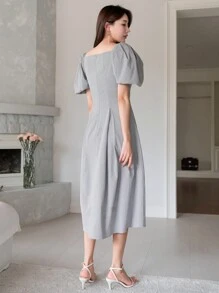 DAZY Square Neckline Puff Sleeve Gathered Waist Bubble Dress Summer - Dusty Blue - View 2