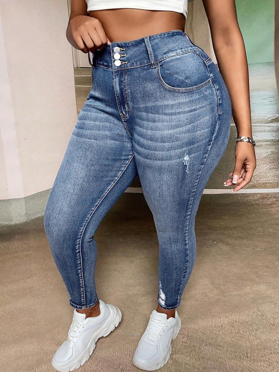 SHEIN SXY Plus High Waist Ripped Skinny Jeans - Light Wash - View 1