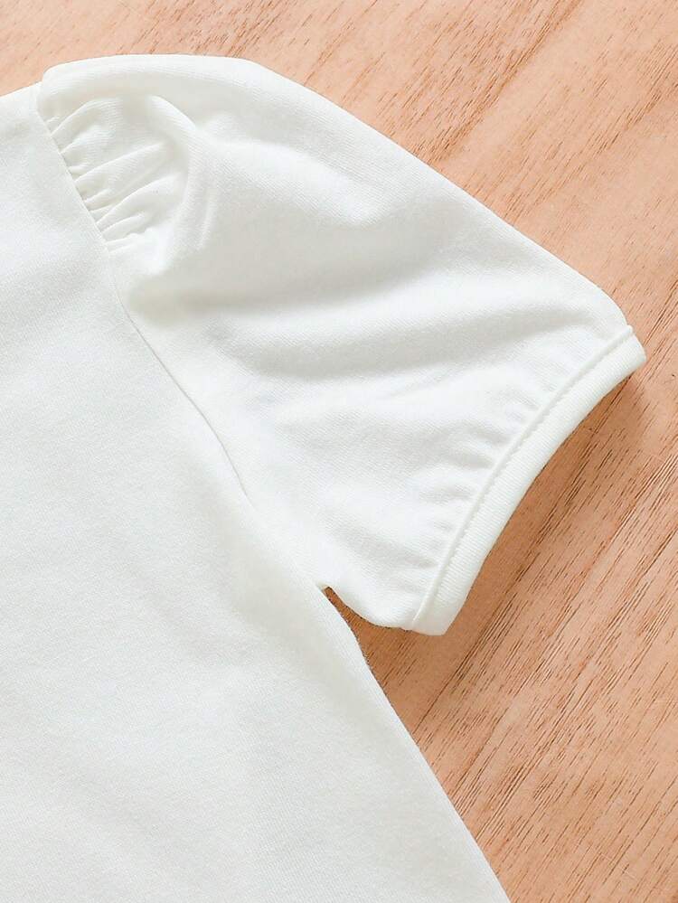 3pcs/Set Baby Girl Casual Elegant Vintage Rose Fabric Vest, Shorts & Solid Puff Sleeve Top Outfits, Suitable For Spring Summer Outings