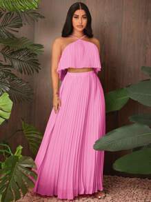SHEIN SXY Pleated Woven Halter Top And Loose Skirt Set - Pink - View 1