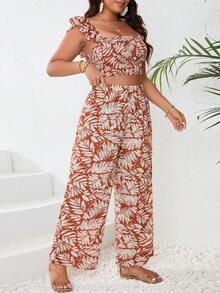 SHEIN Frenchy Plus Size Lễ Hội Âm Nhạc In Hình Cây Cổ Vuông Ruffle Áo Crop Top Và Quần Ống Rộng - Đỏ - Xem 6