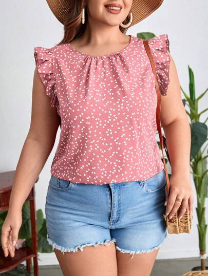 SHEIN LUNE 大码夏季心形印花荷叶边下摆无袖衬衫