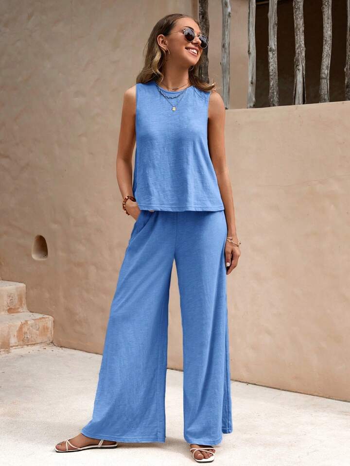 SHEIN LUNE Women's Solid Color Loose Fit Casual Two-Piece Set