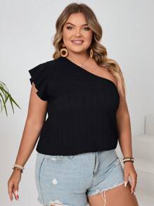 SHEIN VCAY Blusa de Ombro Único com Manga Flutuante e Cor Sólida para Senhoras Plus Size