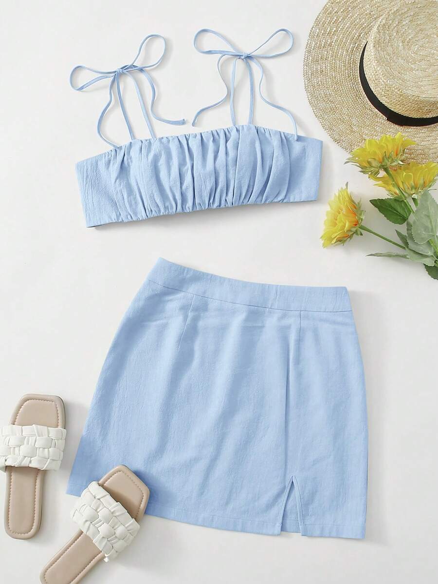 Soleia Women's Solid Color Cropped Pleated Camisole Top And Skirt Set - Baby Blue - View 1