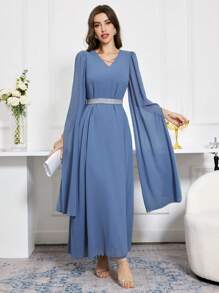 Modelyn Solid Color Cape Sleeve Empire Waist Dress, Elegant Evening Party Maxi Modest Long Sleeve Dress - Blue - View 8