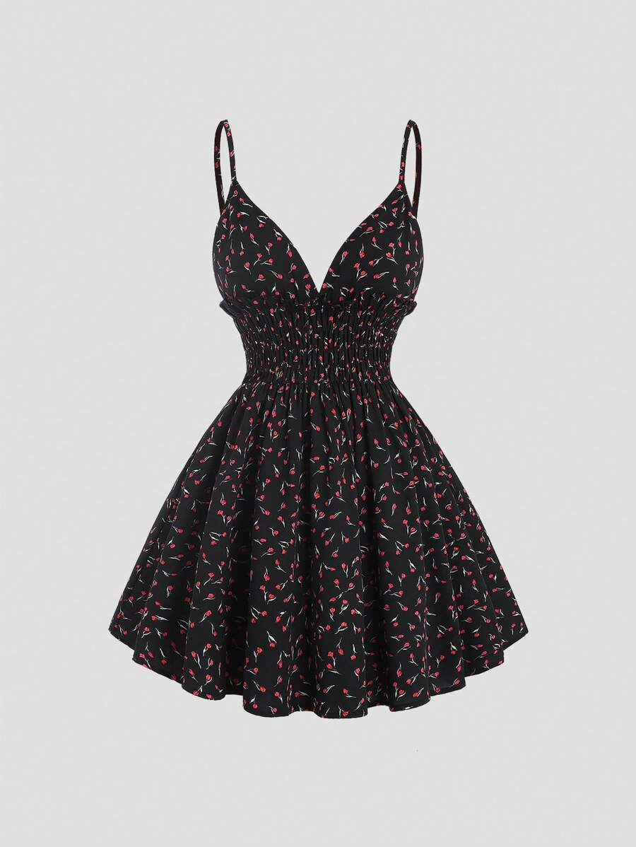 Sweetra 花卉印花收摺彈力束腰肩帶連身裙 - 黃色 - 查看 1