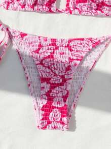 Swim Mod Summer Beach Plant Printed Halter Neck Shirred Bikini Set - Multicolor - View 4