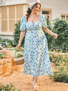 Dreamara Plus Size Women's Side Slit Short Bubble Sleeve Dress With All-Over Floral Print - Blue - View 3