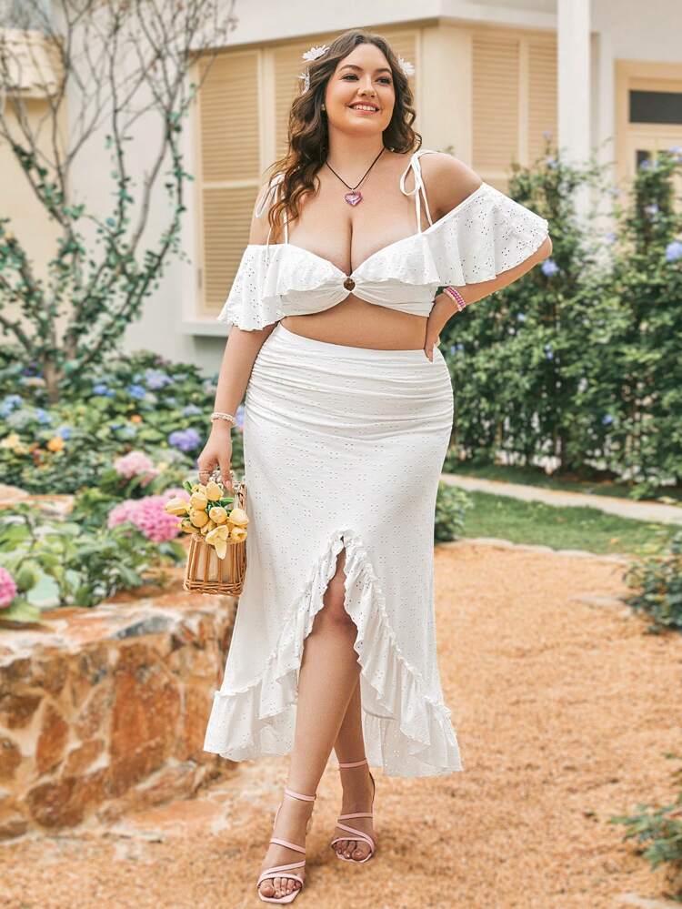 Plus Size Vacation Style Casual Cold-Shoulder Camisole Top With Asymmetrical Ruffled Hem Skirt, White 2pcs/Set