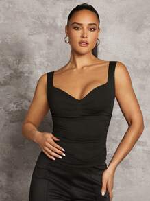 SHEIN BAE Summer One Piece Tank Top Love Collar Black Gathered Bodycon Tank Top