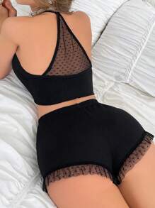 Women's Halter Neck Mesh Contrast Pajama Set - Black - View 1