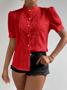 RosyDaze Women's Fashionable Red Short Sleeve Button-Down Shirt For New Year Clothes - Red - View 3