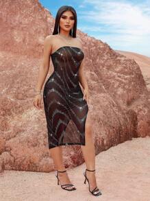 SHEIN SXY Women's Black And Silver Sequins Mesh Tube Top Side Slit Dress,Summer 70s Retro Party Rave Music Festival Boho Laser Zigzag Hollow Tight Mid-Length - Black - View 3