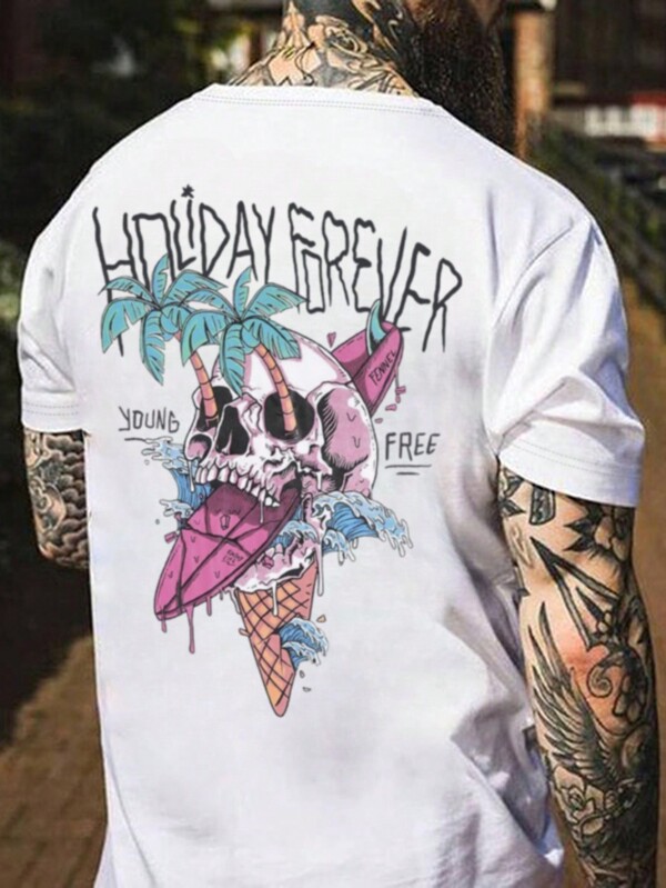 Herren Rundhals Lässig Kurzarm T-Shirt mit Buchstaben & Skelett Aufdruck