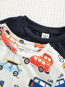 SHEIN 4 Stücke/set Junge Jungen Niedliche Transport-druck Kurzarm-t-shirts Und Shorts Outfits, Leicht, Atmungsaktiv, Bequem, All-match, Geeignet Für Sommer