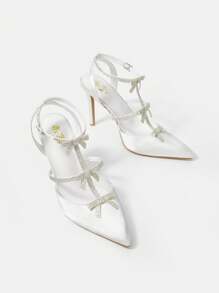 Pointed Toe Stiletto Heel Bow Knot Rhinestone High Heels For Women - White - View 1
