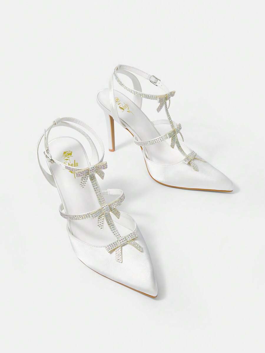 Pointed Toe Stiletto Heel Bow Knot Rhinestone High Heels For Women - White - View 1