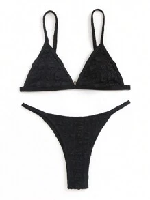 SHEIN Swim طقم بكيني بنقشة ملمس ذو لون واحد للنساء، طقم بكيني ملابس شاطئ ملابس سباحة ملابس استحمام صيفية شاطئ - الأسود - مشاهدة 5