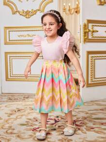 SHEIN Young Girl Cute Mesh Ruffle Sleeve Shirt And Zigzag Pattern Printed Skirt Set - Pink - View 5