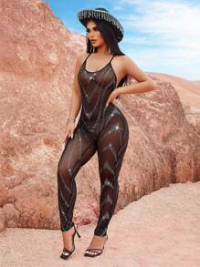 SHEIN SXY Music Festival Western Style Boho Fashion Gorgeous Women's Black Mesh Hollow Details Sequins Laser Zigzag Sexy Resort Nightclub Hot Girls Charming High-End Elegant Tight High-Elastic Mid-Length Long Jumpsuit - Black - View 3