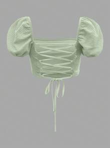 Soleia WYWH  Women Vacation Puff Sleeve Lace Up Backless Textured Crop Date Night Tops Top - Mint Green - View 2