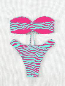 SHEIN Swim 夏日海滩斑马纹两件套比基尼 - 綠色 - 查看 2