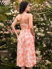 GENKIRA Colorblock Floral Printed Bustier Pleated Waist Dress For Women - Multicolor - View 2