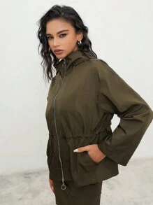 Anewsta 女性實色束腰拉鍊前開式連帽休閒外套 - 酒紅色 - 查看 6