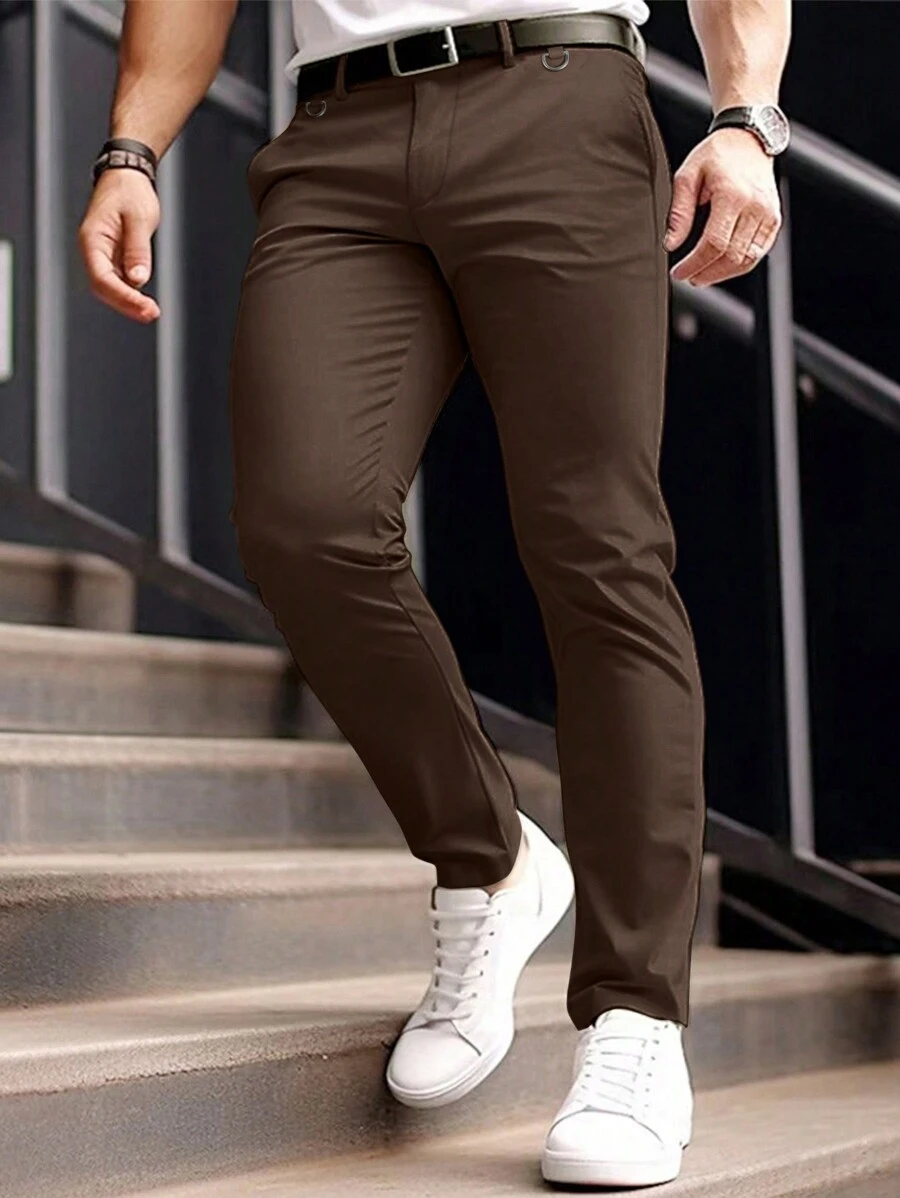 Manfinity Mode Men's Business Style Solid Brown Western Pants, Men Slim Fit Pants, Slim Fit Men Pants - Coffee Brown - View 1
