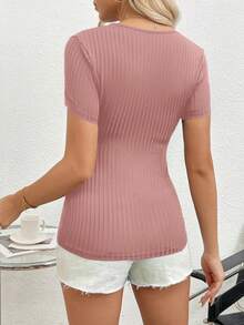 SHEIN Thai sản Màu thuần Gân đan Cho con bú Áo thun - Bụi hồng - Xem 2