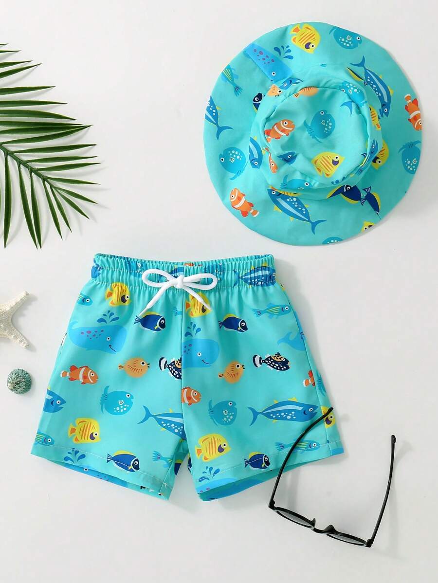 Baby Boy Cartoon Fish Printed Drawstring Waist Swim Trunks - Multicolor - View 1