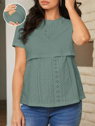 SHEIN Camiseta superior de enfermería de maternidad para el hogar con cuello redondo sencillo para mujeres embarazadas