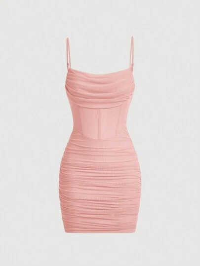 SHEIN MOD Women's V-Neck Solid Color Pleated Cami Dress,Pastel Dresses For Women