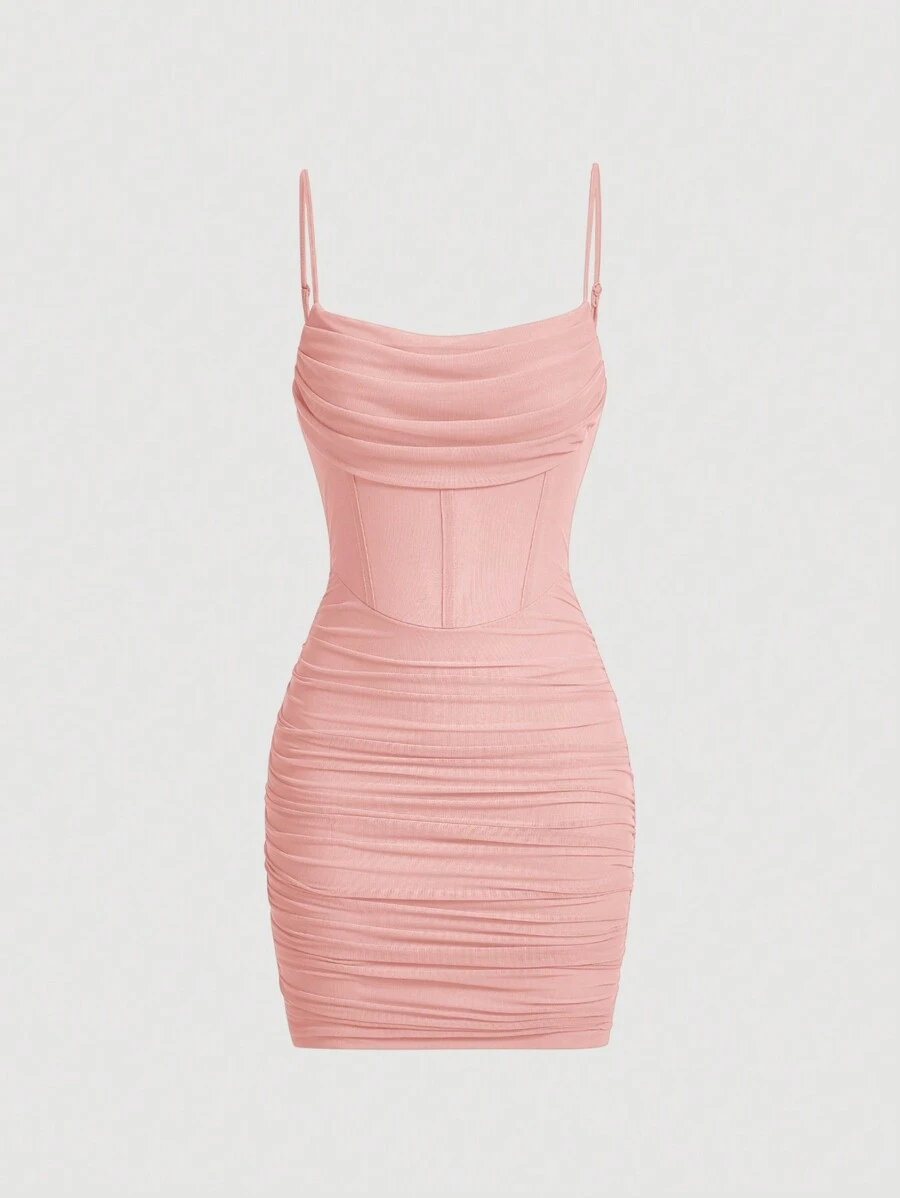 SHEIN MOD Women's V-Neck Solid Color Pleated Cami Dress,Pastel Dresses For Women - Baby Pink - View 1