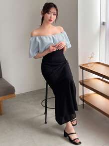 FRIFUL Women's Colorblock Off Shoulder Midi Dress,Ruffle