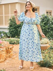 Dreamara Plus Size Women's Side Slit Short Bubble Sleeve Dress With All-Over Floral Print - Blue - View 4