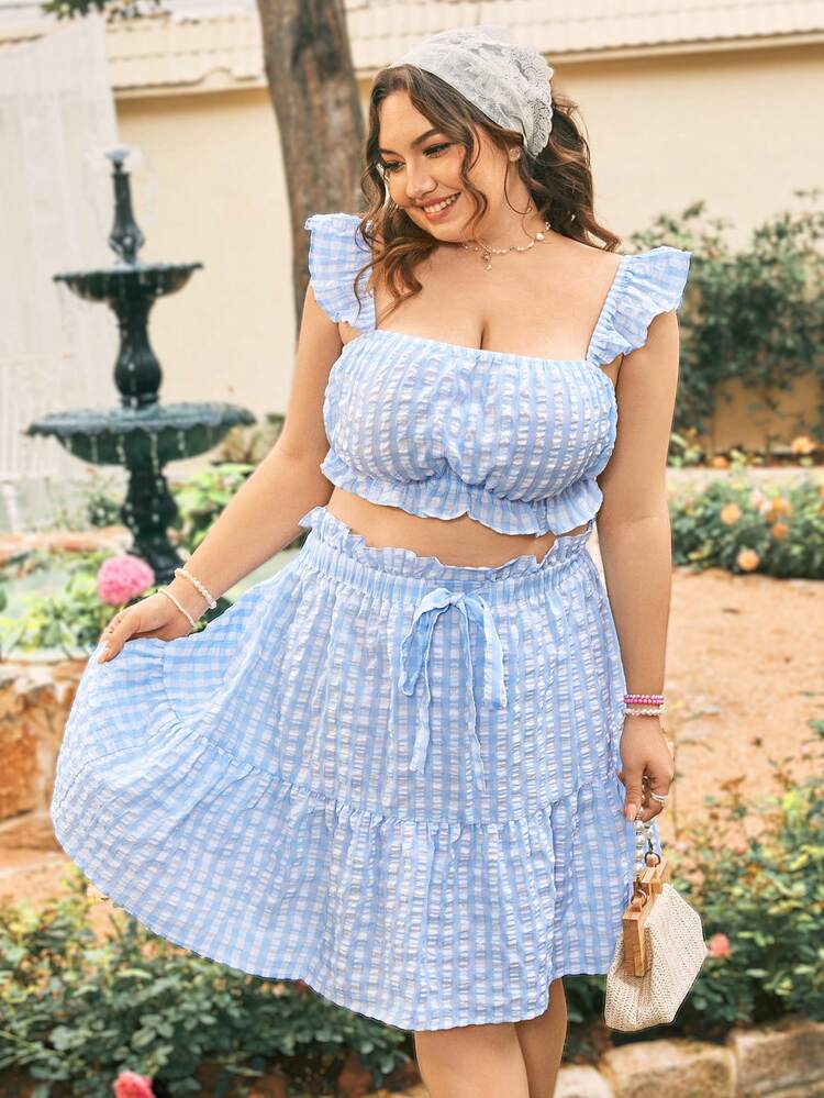 Plus Size Women's Casual Plaid Cropped Cami Top With Skirt Set For Vacation