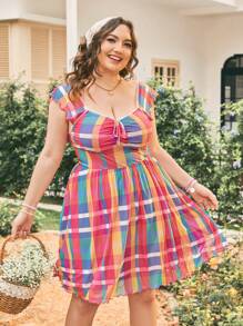 Dreamara Váy thắt eo cổ kẻ sọc kẻ sọc cỡ lớn dành cho người yêu - Nhiều màu - Xem 1