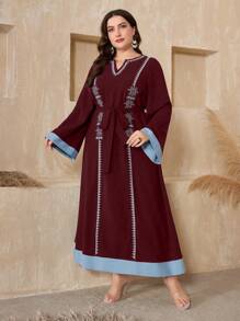 Al Najma Burgundy Red Plus Size Notched Collar Printed Contrast Color Arab Casual Wear With Tie And Belt Kaftan Jalabiya Dress - Burgundy - View 4