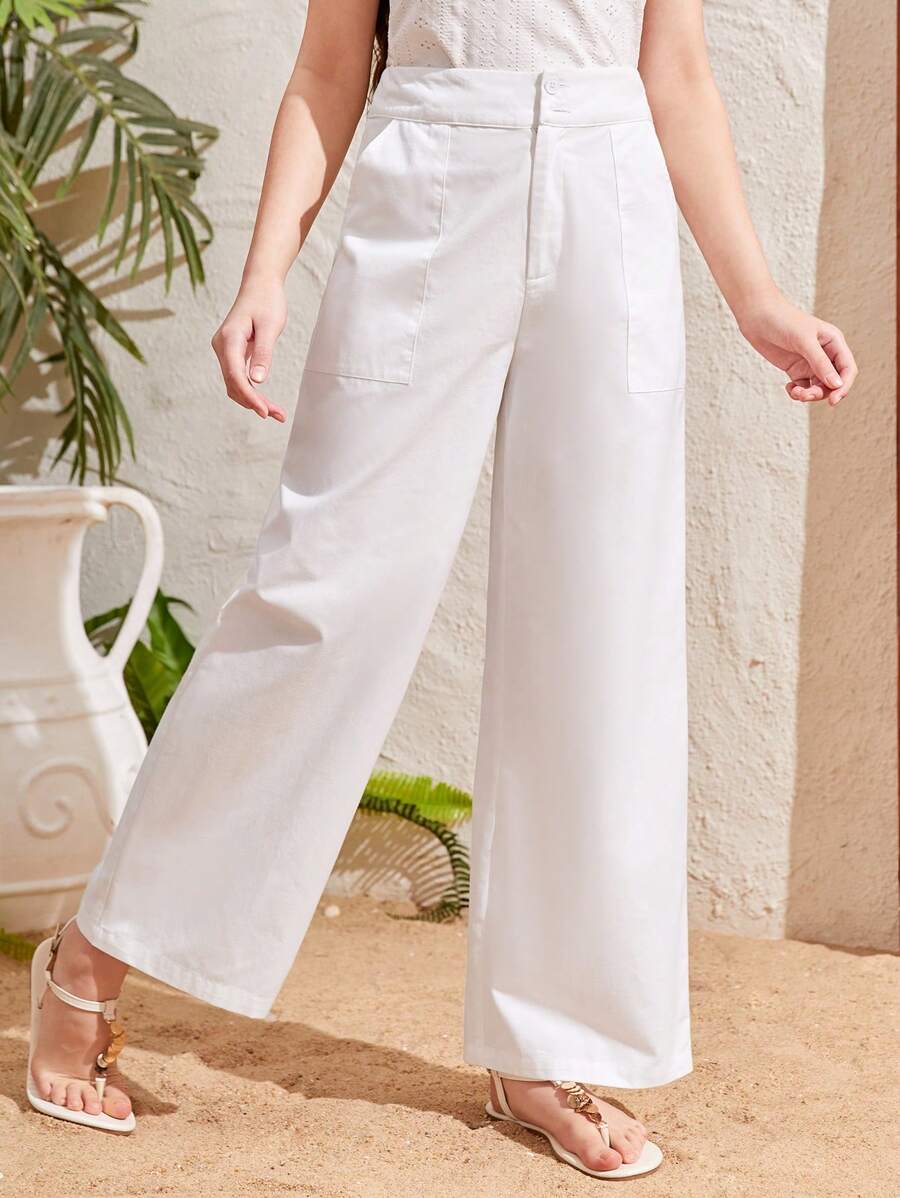 SHEIN Teen Girls' Plain Weave Twill Brushed Casual Pants With Pockets And Button Fly - White - View 1